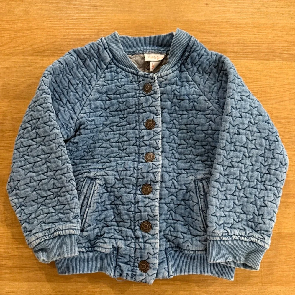 Cat & Jack Kids Blue Quilted Star Bomber Jacket XS 4/5 Denim Look Button Front